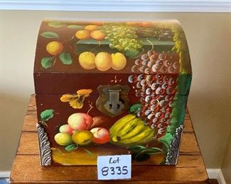 Lot 8335. $40.00 Painted Wood Box with Colorful Fruit on 3 Sides and Lid. . 16.5" W x 13.5" D x 16" T. Storage for Blankets, Knitting or Art Supplies. Or virtually anything else!