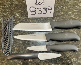 Lot 8339. $18.00. Three Cuisinart ceramic knives with protective sheaths and a Kyocera ceramic paring knife.