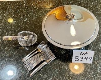 Lot 8344. $42.00 Vintage mid-Century modern Kromex serving bowl (11.5" diam) with in 8" glass insert, and a 'Kromex' tray with brass handles (17" L x 7" W) 35 salad/dessert forks with glass buffet caddy.