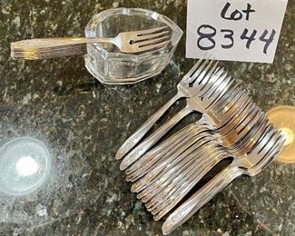Lot 8344. $42.00 Vintage mid-Century modern Kromex serving bowl (11.5" diam) with in 8" glass insert, and a 'Kromex' tray with brass handles (17" L x 7" W)35 salad/dessert forks with glass buffet caddy.