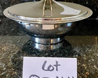 Lot 8344. $42.00 Vintage mid-Century modern Kromex serving bowl (11.5" diam) with in 8" glass insert, and a 'Kromex' tray with brass handles (17" L x 7" W)35 salad/dessert forks with glass buffet caddy.