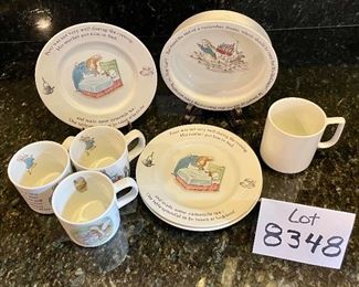 Lot 8348. $50.00. Beatrix Potter, Wedgewood , Peter Rabbit Nursery Set. Includes 3 cups, 3 plates & a bowl (1 plate is from Mrs. Tiggy-Winkle pattern) a bonus add on is a cute mug with a surprise frog at the bottom.