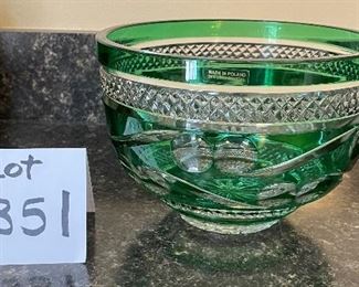 Lot 8351. $75.00 Beautiful Green cut to clear, 24% lead crystal bowl, Made in Poland.