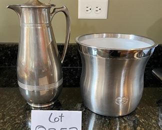 Lot 8352. $32.00 Calphalon stainless steel ice bucket/champagne bucket 7.5" T and a Landers, Frary & Clark Universal Butler (thermos pitcher with cork stopper).