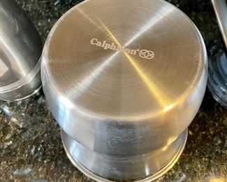 Lot 8352. $32.00 Calphalon stainless steel ice bucket/champagne bucket 7.5" T and a Landers, Frary & Clark Universal Butler (thermos pitcher with cork stopper).