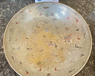 Lot 8353. $30.00 Nice metal and porcelain mixed lot, including: Enameled 10" pedestal bowl with animal character design; 8" porcelain dish with metal design mounted in metal plate holder and a 2.5" square porcelain decorative bowl.