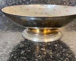 Lot 8353. $30.00 Nice metal and porcelain mixed lot, including: Enameled 10" pedestal bowl with animal character design; 8" porcelain dish with metal design mounted in metal plate holder and a 2.5" square porcelain decorative bowl.