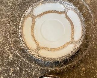 Lot 8353. $30.00 Nice metal and porcelain mixed lot, including: Enameled 10" pedestal bowl with animal character design; 8" porcelain dish with metal design mounted in metal plate holder and a 2.5" square porcelain decorative bowl.