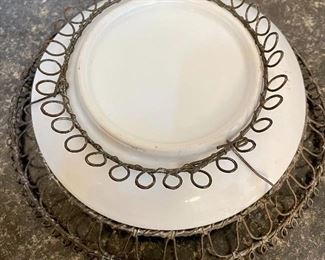 Lot 8353. $30.00 Nice metal and porcelain mixed lot, including: Enameled 10" pedestal bowl with animal character design; 8" porcelain dish with metal design mounted in metal plate holder and a 2.5" square porcelain decorative bowl.