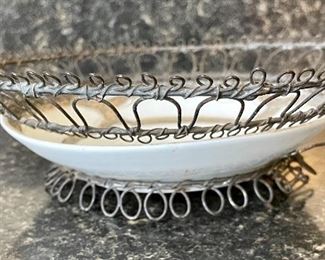 Lot 8353. $30.00 Nice metal and porcelain mixed lot, including: Enameled 10" pedestal bowl with animal character design; 8" porcelain dish with metal design mounted in metal plate holder and a 2.5" square porcelain decorative bowl.