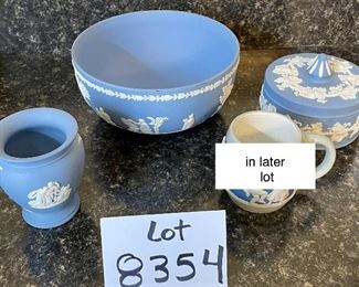Lot 8354. $45.00 Lot of Wedgewood Jasperware including: a bowl 8" diam x 4" T; a covered dish/box 5"; a cute 3" T vase. NOTE: please ignore mini-stein shown in the picture, has been place in a later lot of 2 Villeroy and Boch steins.