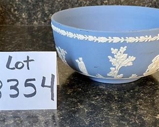 Lot 8354. $45.00 Lot of Wedgewood Jasperware including: a bowl 8" diam x 4" T; a covered dish/box 5"; a cute 3" T vase. NOTE: please ignore mini-stein shown in the picture, has been place in a later lot of 2 Villeroy and Boch steins.