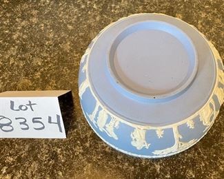 Lot 8354. $45.00 Lot of Wedgewood Jasperware including: a bowl 8" diam x 4" T; a covered dish/box 5"; a cute 3" T vase. NOTE: please ignore mini-stein shown in the picture, has been place in a later lot of 2 Villeroy and Boch steins.