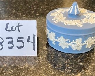 Lot 8354. $45.00 Lot of Wedgewood Jasperware including: a bowl 8" diam x 4" T; a covered dish/box 5"; a cute 3" T vase. NOTE: please ignore mini-stein shown in the picture, has been place in a later lot of 2 Villeroy and Boch steins.