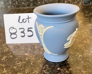Lot 8354. $45.00 Lot of Wedgewood Jasperware including: a bowl 8" diam x 4" T; a covered dish/box 5"; a cute 3" T vase. NOTE: please ignore mini-stein shown in the picture, has been place in a later lot of 2 Villeroy and Boch steins.