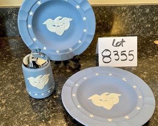 Lot 8355. $24.00 Wedgewood Jasperware: 2 7" ashtrays that can be used as display plates and a Jasperware lighter.
