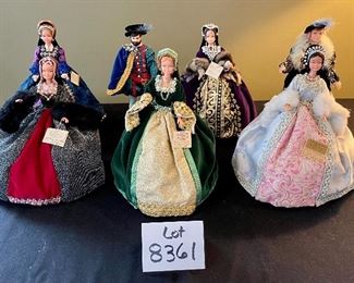 Lot 8361. $200.00. Lot of 11 hand-dressed English dolls made at 'The Little Gallery', Penzance. Included are: Edward VI, Sir Walter Raleigh, Henry VIII, and the following wives of Henry VIII; Anne Boleyn II wife of Henry, Anne of Cleves 4th wife of Henry, Catherine of Aragon, daughter of King Henry VIII, Jane Seymore 3rd wife of Henry, and the doll in the pink, dubbed Queen of hearts by HenryVIII. The dolls are no doubt Barbie's, however the costumes are period true and are truly amazing.