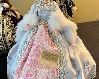 Lot 8361. $200.00. Lot of 11 hand-dressed English dolls made at 'The Little Gallery', Penzance. Included are: Edward VI, Sir Walter Raleigh, Henry VIII, and the following wives of Henry VIII; Anne Boleyn II wife of Henry, Anne of Cleves 4th wife of Henry, Catherine of Aragon, daughter of King Henry VIII, Jane Seymore 3rd wife of Henry, and the doll in the pink, dubbed Queen of hearts by HenryVIII. The dolls are no doubt Barbie's, however the costumes are period true and are truly amazing.