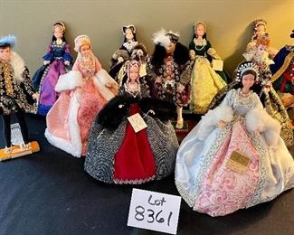 Lot 8361. $200.00. Lot of 11 hand-dressed English dolls made at 'The Little Gallery', Penzance. Included are: Edward VI, Sir Walter Raleigh, Henry VIII, and the following wives of Henry VIII; Anne Boleyn II wife of Henry, Anne of Cleves 4th wife of Henry, Catherine of Aragon, daughter of King Henry VIII, Jane Seymore 3rd wife of Henry, and the doll in the pink, dubbed Queen of hearts by HenryVIII. The dolls are no doubt Barbie's, however the costumes are period true and are truly amazing.