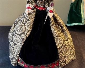 Lot 8361. $200.00. Lot of 11 hand-dressed English dolls made at 'The Little Gallery', Penzance. Included are: Edward VI, Sir Walter Raleigh, Henry VIII, and the following wives of Henry VIII; Anne Boleyn II wife of Henry, Anne of Cleves 4th wife of Henry, Catherine of Aragon, daughter of King Henry VIII, Jane Seymore 3rd wife of Henry, and the doll in the pink, dubbed Queen of hearts by HenryVIII. The dolls are no doubt Barbie's, however the costumes are period true and are truly amazing.