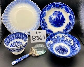 Lot 8364. $30.00. This is a lot of 5 items that while attractive and interesting, each has it's own issue that takes away from total perfection, kinda like most people!!!! 1) Petrus Regout & Co Maastricht footed bowl - made in Holland (3" diam x 3" T); 2) Magnifying Glass (loose glass); 3) Unmarked, old footed bowl 7" x 2.75" 4) old Flow Blue transferware plate 9.5" (small crack) and 5) Trojan by Sebring Coronation Duchess-Blue. If you delight in the wonder of beauty found in the imperfect, this is the lot for you. Reminder, you buy the entire lot. We do not be break up the lots. If you only want a couple items, sell the balance on eBay, or Facebook mktg, or give them as gifts to your mailperson, school teacher, etc.