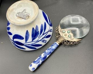 Lot 8364. $30.00. This is a lot of 5 items that while attractive and interesting, each has it's own issue that takes away from total perfection, kinda like most people!!!! 1) Petrus Regout & Co Maastricht footed bowl - made in Holland (3" diam x 3" T); 2) Magnifying Glass (loose glass); 3) Unmarked, old footed bowl 7" x 2.75" 4) old Flow Blue transferware plate 9.5" (small crack) and 5) Trojan by Sebring Coronation Duchess-Blue. If you delight in the wonder of beauty found in the imperfect, this is the lot for you. Reminder, you. buy the entire lot. We will not be breaking up the lots.