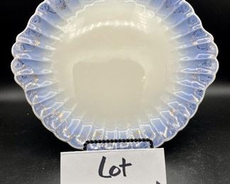 Lot 8364. $30.00. This is a lot of 5 items that while attractive and interesting, each has it's own issue that takes away from total perfection, kinda like most people!!!! 1) Petrus Regout & Co Maastricht footed bowl - made in Holland (3" diam x 3" T); 2) Magnifying Glass (loose glass); 3) Unmarked, old footed bowl 7" x 2.75" 4) old Flow Blue transferware plate 9.5" (small crack) and 5) Trojan by Sebring Coronation Duchess-Blue. If you delight in the wonder of beauty found in the imperfect, this is the lot for you. Reminder, you. buy the entire lot. We will not be breaking up the lots.