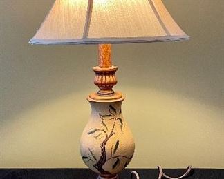 Lot 8366. $30.00 Table lamp with Floral and butterfly design. Broken on base as shown. 31" T
