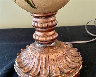 Lot 8366. $30.00 Table lamp with Floral and butterfly design. Broken on base as shown. 31" T