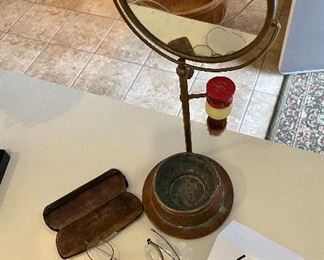 Lot 8367. $38.00 Vintage Shaving mirror and Ever Ready soap brush and two pairs of old specs!! 14.5" T