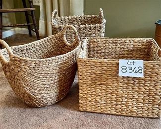 Lot 8368. $65.00 Lot of 3 Woven grass baskets with handles. 1) 16" x 14" x 12" T, 2) 15" x15" x 14" T, 3) 17" x 11" x 15.5" T