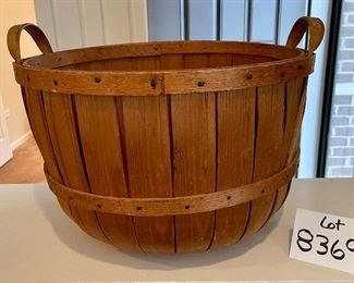 Lot 8369. $85.00 Vintage Oak double stave bushel basket with solid wood base and one piece wood handles. 18" diam x 12" T Very. Very. Cool.