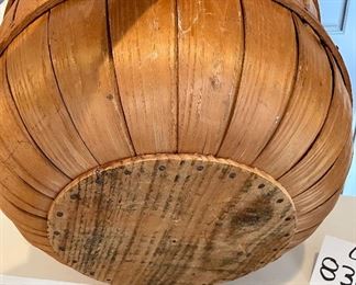 Lot 8369. $85.00 Vintage Oak double stave bushel basket with solid wood base and one piece wood handles. 18" diam x 12" T