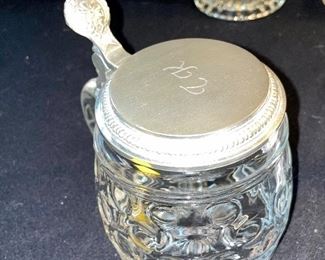 Lot 8376. $40.00 1) Ski Oslo mug 1982, 2) 3 covered, glass beer steins, 3) glass dish/basket with metal handle.