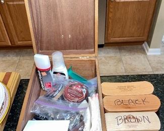 Lot 8379. $28.00 Vintage shoe shine kit includes several tins of polish and 3 natural bristle buffing brushes,