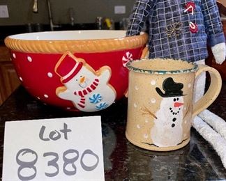 Lot 8380.$18.00. 10" diameter ceramic Gingerbread bowl, Three Rivers snowman mug, and soft sculpture, shelf sitter snowman.