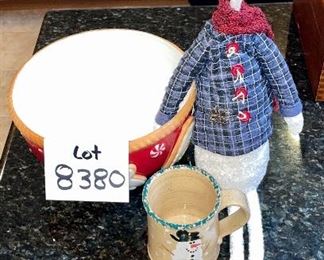 Lot 8380.$18.00. 10" diameter ceramic Gingerbread bowl, Three Rivers snowman mug, and soft sculpture, shelf sitter snowman.