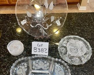 Lot 8382. $20.00 Floral divided tray, large glass ashtray, 5 crystal drink coasters and 1 bottle coaster.