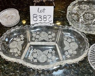 Lot 8382. $20.00 Floral divided tray, large glass ashtray, 5 crystal drink coasters and 1 bottle coaster.