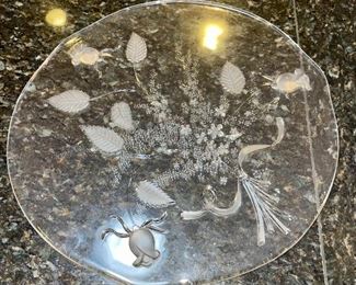 Lot 8382. $20.00 Floral divided tray, large glass ashtray, 5 crystal drink coasters and 1 bottle coaster.