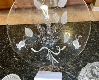 Lot 8382. $20.00 Floral divided tray, large glass ashtray, 5 crystal drink coasters and 1 bottle coaster.