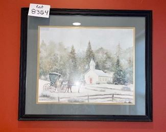 Lot 8384. $45.00 Pencil signed C. Smith, Pretty hoiday framed art, a winter scene with church and horse and buggy print in a black wood frame. 27" x 23"