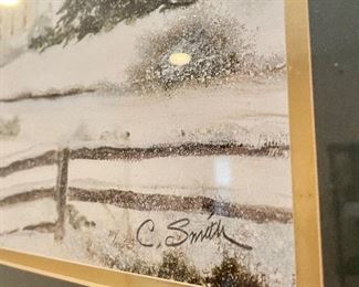 Lot 8384.$45.00 Pencil signed C. Smith, Pretty hoiday framed art, a winter scene with church and horse and buggy print in a black wood frame. 27" x 23"