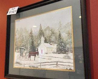 Lot 8384.$45.00 Pencil signed C. Smith, Pretty hoiday framed art, a winter scene with church and horse and buggy print in a black wood frame. 27" x 23"