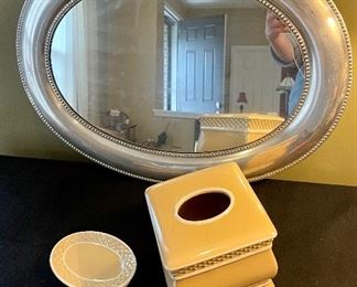 Lot 8386. $35.00 Oval mirror tray or hanging wall mirror 24" x 18" and a ceramic kleenex box holder and matching soap dish.