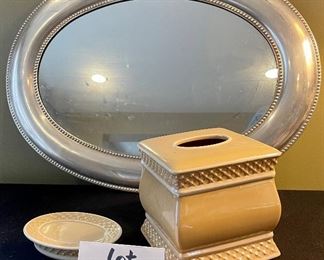 Lot 8386. $35.00 Oval mirror tray or hanging wall mirror 24" x 18" and a ceramic kleenex box holder and matching soap dish.