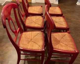 Lot 8238. $300.00 Beautiful Cherry Wood Dining Table with Wrought Iron Base and 6 Pottery Barn Napoleon Dining Chairs with Rush Seats in Red (.Very Rare)