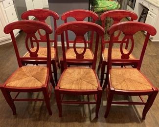 Lot 8238. $300.00 Beautiful Cherry Wood Dining Table with Wrought Iron Base and 6 Pottery Barn Napoleon Dining Chairs with Rush Seats in Red (.Very Rare)