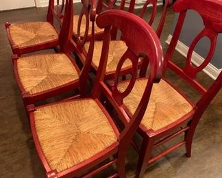 Lot 8238. $300.00 Beautiful Cherry Wood Dining Table with Wrought Iron Base and 6 Pottery Barn Napoleon Dining Chairs with Rush Seats in Red (.Very Rare)
