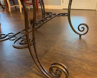 Lot 8238. $300.00 Beautiful Cherry Wood Dining Table with Wrought Iron Base and 6 Pottery Barn Napoleon Dining Chairs with Rush Seats in Red (.Very Rare)